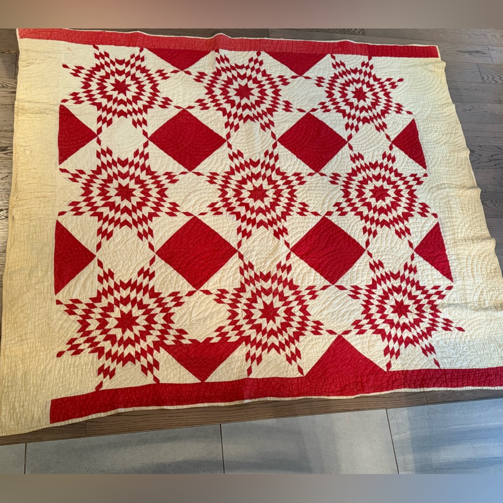 Vintage Hand-Quilted Red & White Star Quilt